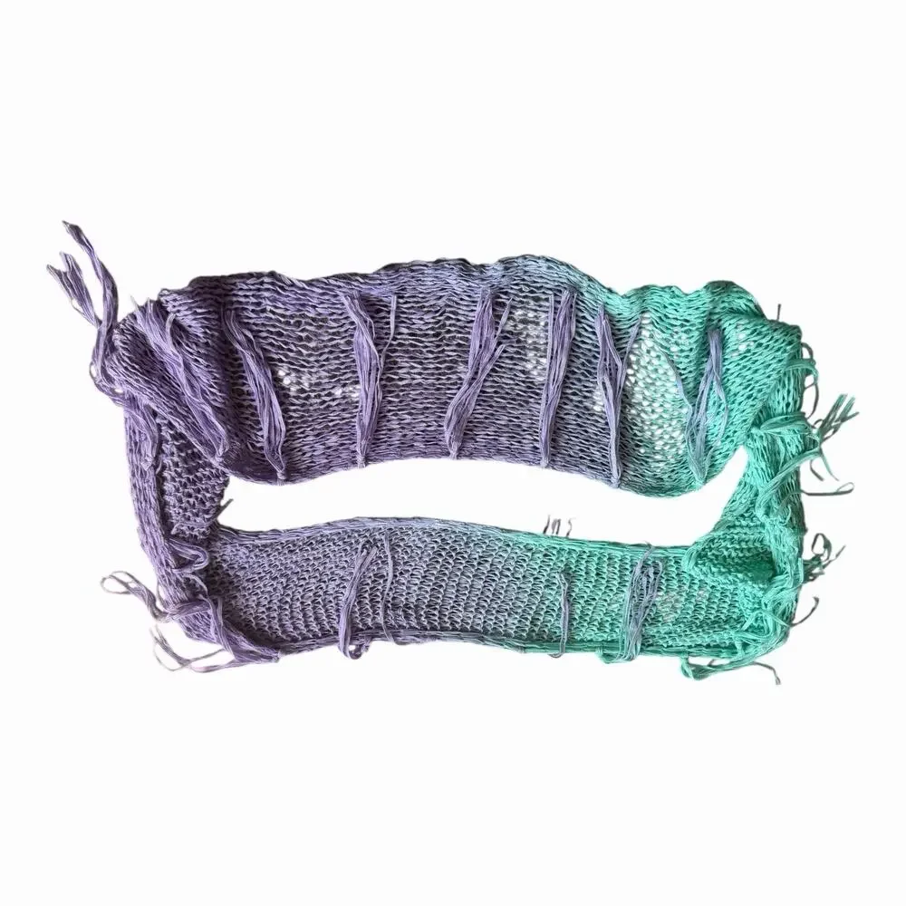 Handmade Mesh Knit Infinity Scarf Fringe Drop Stitch Cowl Fringe Lavender Aqua